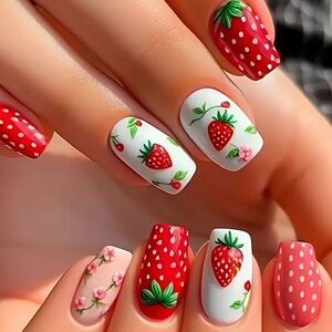 🍓🌸 Strawberry Garden Press On Nails – 24 Pack Cute Floral Fruit Set 🌸🍓